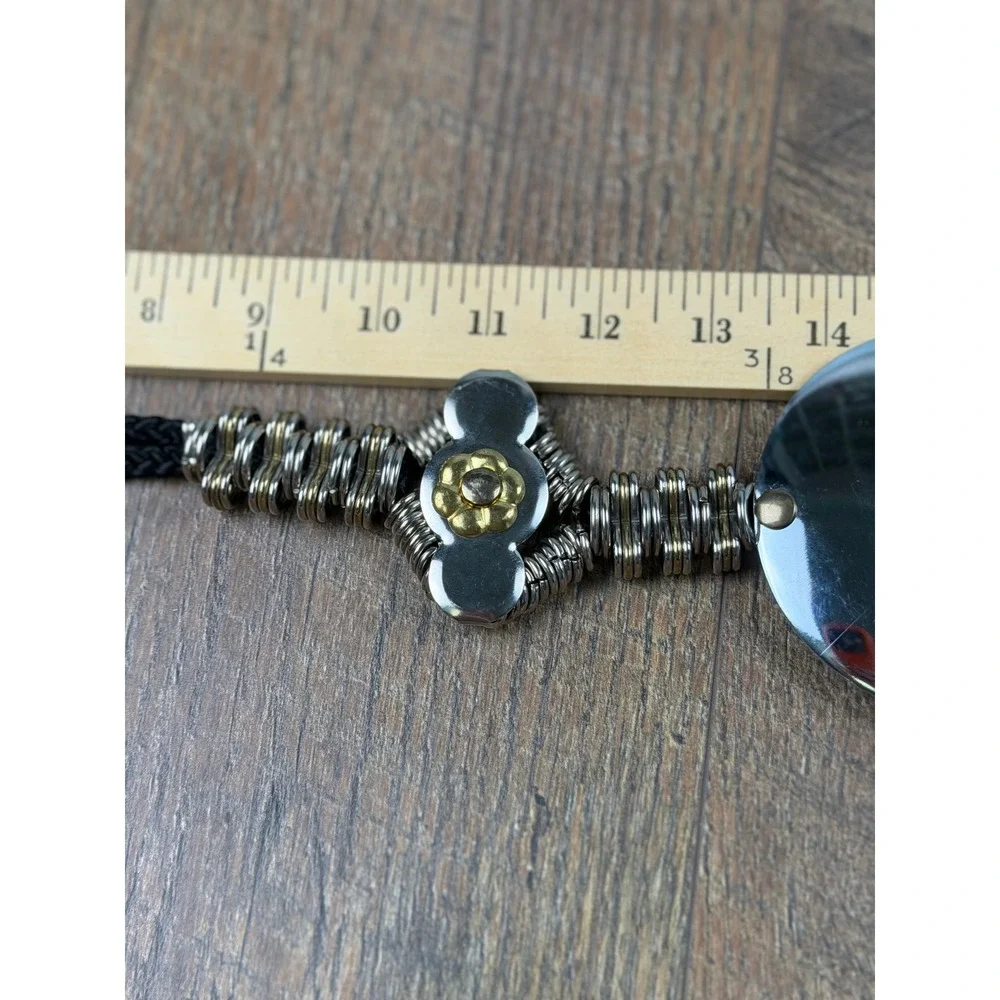 Vintage 80s‎ Black Cord Belt Silver Coil Spring Chain Disc Flower Made Korea